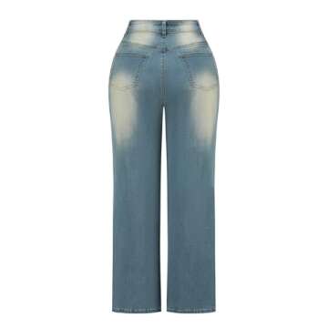THUNDER STAR Womens High Waisted Wide Leg Jeans Stretchy Distressed Denim Pants A Blue XL