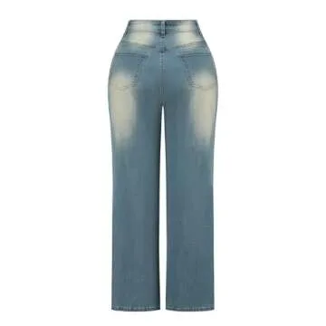 THUNDER STAR Womens High Waisted Wide Leg Jeans Stretchy Distressed Denim Pants A Blue XL