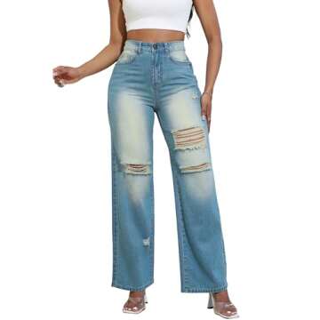 THUNDER STAR Womens High Waisted Wide Leg Jeans Stretchy Distressed Denim Pants A Blue XL
