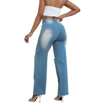 THUNDER STAR Womens High Waisted Wide Leg Jeans Stretchy Distressed Denim Pants A Blue XL