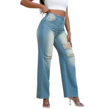 THUNDER STAR Womens High Waisted Wide Leg Jeans Stretchy Distressed Denim Pants A Blue XL