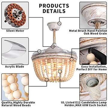 GYING Wood Bead Ceiling Fan with Lights, Boho Chandelier, Reverse Retractable Blades, 42 inch 6-Gear Speed, Remote Control, Timing Function, For Kitchen, Living room, Bedroom （Bulb Not Included）