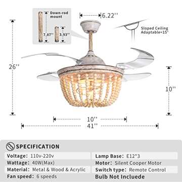 GYING Wood Bead Ceiling Fan with Lights, Boho Chandelier, Reverse Retractable Blades, 42 inch 6-Gear Speed, Remote Control, Timing Function, For Kitchen, Living room, Bedroom （Bulb Not Included）