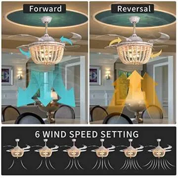 GYING Wood Bead Ceiling Fan with Lights, Boho Chandelier, Reverse Retractable Blades, 42 inch 6-Gear Speed, Remote Control, Timing Function, For Kitchen, Living room, Bedroom （Bulb Not Included）