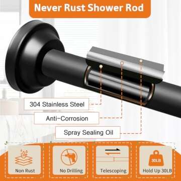 Haryaers Matte Black Shower Curtain Rod, 40-76 Inches No Drilling Adjustable Tension Curtain Rods for Bathroom, Stainless Steel Metal Spring, 1 Inch Diameter, Anti-Slip, No Rust