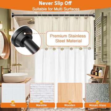 Haryaers Matte Black Shower Curtain Rod, 40-76 Inches No Drilling Adjustable Tension Curtain Rods for Bathroom, Stainless Steel Metal Spring, 1 Inch Diameter, Anti-Slip, No Rust