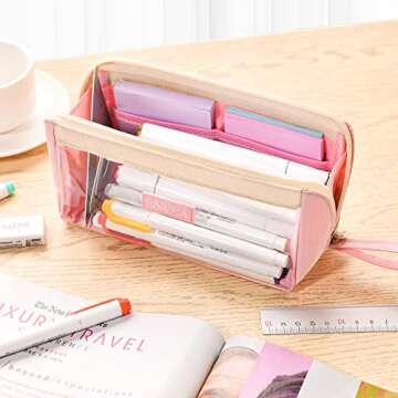 YOKUMA Clear Aesthetic Pencil Case Pouch - Cute & Versatile Pink Organizer