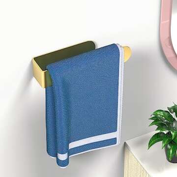 HUFEEOH Adhesive Hand Towel Holder, Kitchen Towel Holder Towel Bars Wall Mounted, Stainless Steel Bath Towel Holder for Bathroom Hotel Kitchen (8 inch, Gold)