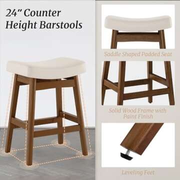 Cozyman Bar Stools Set of 4, Barstools with Sturdy Wood Legs, Saddle Seat Counter Height Bar Stools for Kitchen Counter, Bar, Dining, 24 Inch Farmhouse Counter Stools, Antique White
