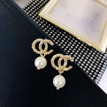 Mabstr Pearl Stud Earring For Women 18k Gold Plated CZ Drop Earrings Jewelry Gifts For Women