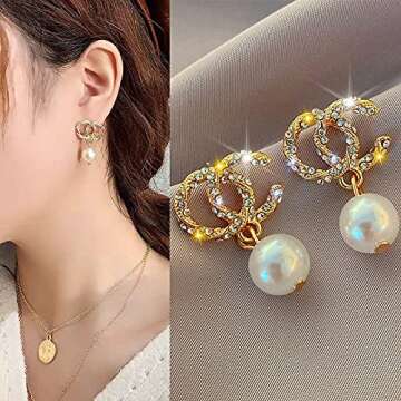 Mabstr Pearl Stud Earring For Women 18k Gold Plated CZ Drop Earrings Jewelry Gifts For Women