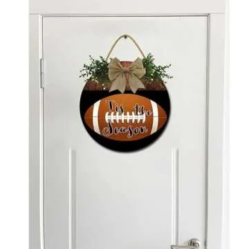 Houseuse Tis The Season Sign for Front Door Football Soccer Wood Sign Hanging Porch Decor, Wreath Sign Porch Decoration for Fall Christmas Easter Valentines Thanksgiving Soccer Round 12"