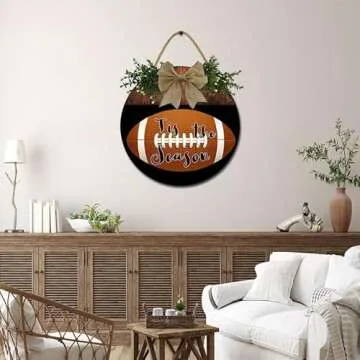 Houseuse Tis The Season Sign for Front Door Football Soccer Wood Sign Hanging Porch Decor, Wreath Sign Porch Decoration for Fall Christmas Easter Valentines Thanksgiving Soccer Round 12"
