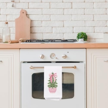 SPBL&L Chinoiserie Christmas Kitchen Towels, Pink Bow Coquette Christmas Tree Dish Towels for Kitchen Bathroom, Pink Christmas Hand Towels for Bathroom Kitchen, Grandmillennial Decor, 16x24 Inches