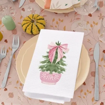 SPBL&L Chinoiserie Christmas Kitchen Towels, Pink Bow Coquette Christmas Tree Dish Towels for Kitchen Bathroom, Pink Christmas Hand Towels for Bathroom Kitchen, Grandmillennial Decor, 16x24 Inches