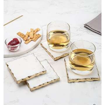 Stylish White Marble Coasters with Gold Foiling Set