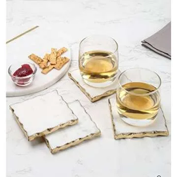 Stylish White Marble Coasters with Gold Foiling Set