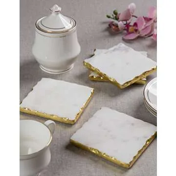 Stylish White Marble Coasters with Gold Foiling Set
