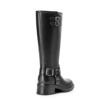 DREAM PAIRS Women's Knee High Boots Side Zipper Motorcycle Boots Square Toe Chunky Low Heel Fashion Buckles Biker Riding Boots,Size 8.5,BLACK-PU,SDKB2412W