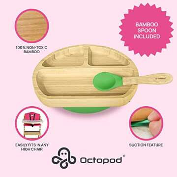 Abiie Octopod Bamboo Dish - Kids Plates for 4 months and up, 3-Compartment Baby Plates with Suction,...