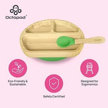 Abiie Octopod Bamboo Dish - Kids Plates for 4 months and up, 3-Compartment Baby Plates with Suction, Triangle Bamboo Baby Plate, Mess-Free Toddler Suction Plates, Baby Feeding Supplies, 8.3x1.9x7.7 in