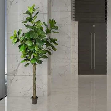 Vickerman 8ft Artificial Potted Fiddle Tree - 114 Large Fiddle Leaves - Green Silk - Artificial Indoor Fiddle Plant - Single Stem - Home Office Decor - Living Room Decor