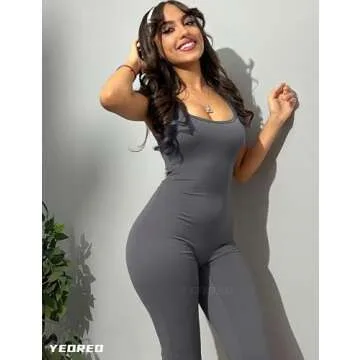 YEOREO Women Sleeveless Flare Jumpsuits Sexy Backless Gym Bodycon Scrunch Butt Yoga Rompers V Back Lizvette Dark Grey X-Large