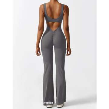 YEOREO Women Sleeveless Flare Jumpsuits Sexy Backless Gym Bodycon Scrunch Butt Yoga Rompers V Back Lizvette Dark Grey X-Large