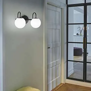 ZHUOER Mid Century Modern Vanity Lights for Bathroom, Black Metal Frame and Milk White Frosted Glass Globe, 2 Lights, Wall Sconce, 7.09"L x 7.09"W x 14.17"H