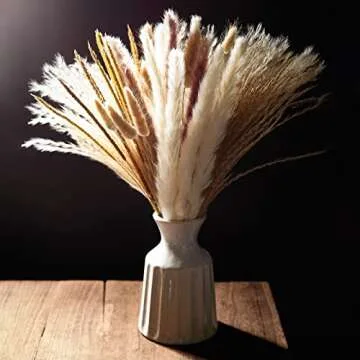 CLUEWR 120Pcs Natural Dried Pampas Grass Bouquet White and Brown Fluffy Pompas Grass Reed Bunny Tails Flowers Arrangements for Wedding Home Window Hotel Boho Decor