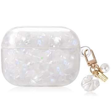 Cute AirPods Pro Case with Shell Pearl Keychain Bling Marble Design Hard TPU Cover Comparable with A...