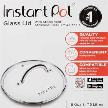 Instant Pot Tempered Glass Lid, 10.2-In, 8-Qt, Cooking Pot Lid, Stainless Steel Handle and Rim, Clear