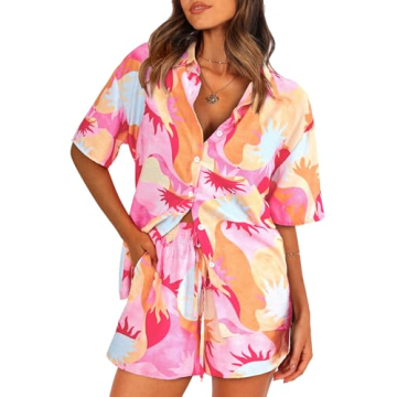 PRETTYGARDEN Women Summer 2 Piece Beach Outfits Printed Short Sleeve Tops Lounge Shorts Casual Track...