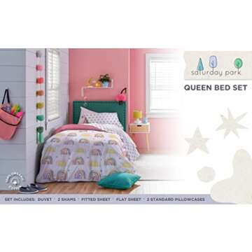 Saturday Park Doodle Rainbow Queen Bed Set - 7 Piece 100% Organic Cotton Bedding - GOTS & Oeko-TEX C...