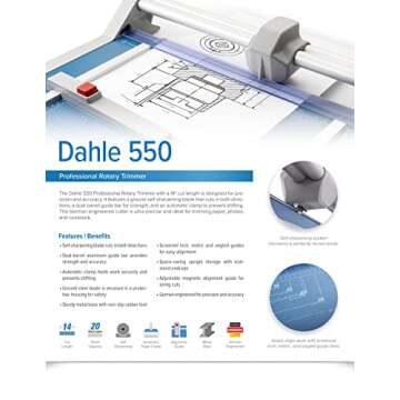 Dahle 550 Professional Rotary Trimmer, 14" Cut Length, 20 Sheet Capacity, Self-Sharpening, Dual Guide Bar, Automatic Clamp, German Engineered Paper Cutter