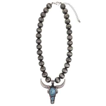 Turquoise Stone Long Horn Steer Skull Pendant Native Pearls Necklace 18 Inch (Silver Plated/Turquois...