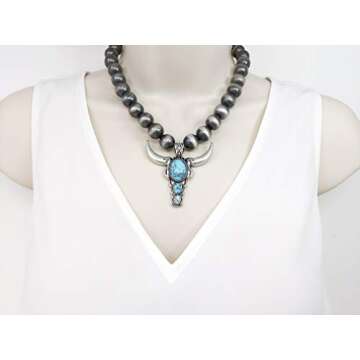 Turquoise Stone Long Horn Steer Skull Pendant Native Pearls Necklace 18 Inch (Silver Plated/Turquoise)