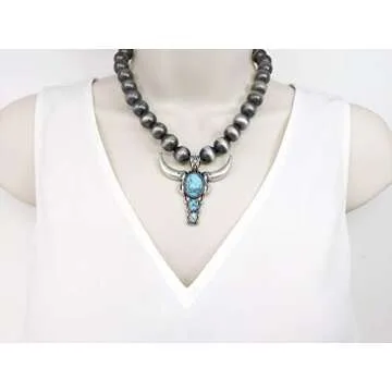 Turquoise Stone Long Horn Steer Skull Pendant Native Pearls Necklace 18 Inch (Silver Plated/Turquoise)