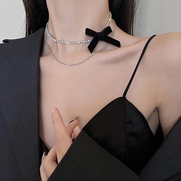 N+A Xerling Black Bow Layered Choker Necklace - Adjustable Rhinestones Jewelry for Women