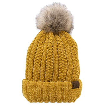 C.C Thick Cable Knit Faux Fuzzy Fur Pom Fleece Lined Skull Cap Cuff Beanie (Chenille Mustard)