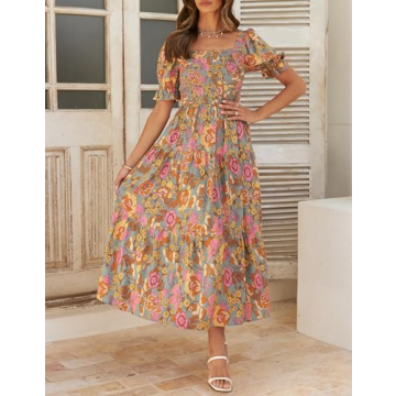 ZESICA Women's Summer Boho Floral Print Square Neck Ruffle Swing Beach Long Maxi Dress,GreyGreen,Medium
