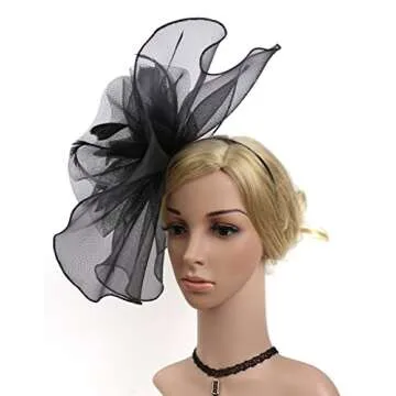 Z&X Large Fascinator Hats for Women Church Kentucky Derby Headband Clips Mesh Flower Bridal Wedding Tea Party Hat Black