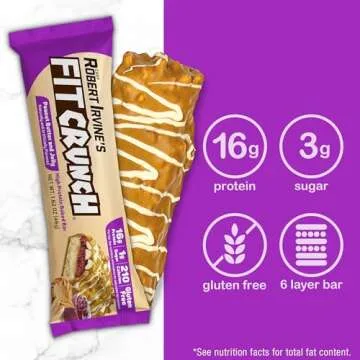 FITCRUNCH Snack Size Protein Bars, Designed by Robert Irvine, 6-Layer Baked Bar, 1g of Sugar, Gluten Free & Soft Cake Core (9 Bars, Peanut Butter and Jelly)