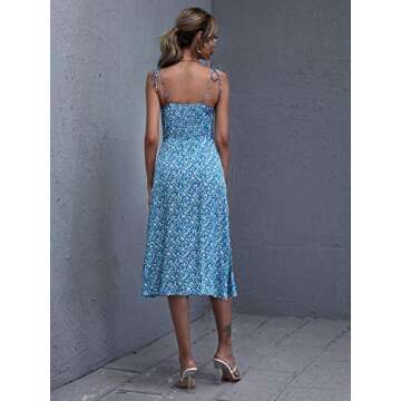 Floerns Women's Floral Print Tie Shoulder Split Hem Shirred Cami Midi Dress Blue XS
