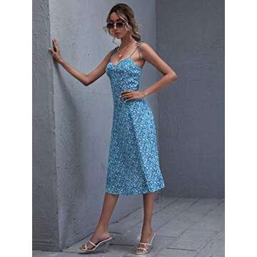 Floerns Women's Floral Print Tie Shoulder Split Hem Shirred Cami Midi Dress Blue XS