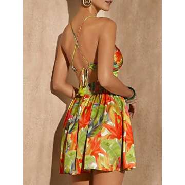 MakeMeChic Women's Boho Floral Summer Dress Criss Cross High Waisted V Neck Sleeveless Short Sundress Multi Green Small