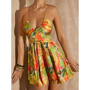 MakeMeChic Women's Boho Floral Summer Dress Criss Cross High Waisted V Neck Sleeveless Short Sundress Multi Green Small