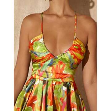 MakeMeChic Women's Boho Floral Summer Dress Criss Cross High Waisted V Neck Sleeveless Short Sundress Multi Green Small