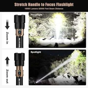 SKYFIRE LED Flashlight 10000 High Lumens,Super Bright Rechargeable Flashlight with Ignition Lens, Zoomable,Four Modes,Waterproof Flash Light for Camping Essentials,Outdoor and Home(Black&Gold)