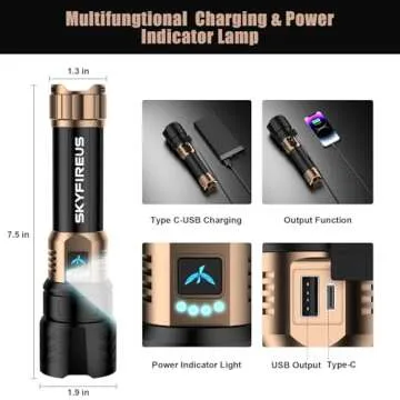 SKYFIRE LED Flashlight 10000 High Lumens,Super Bright Rechargeable Flashlight with Ignition Lens, Zoomable,Four Modes,Waterproof Flash Light for Camping Essentials,Outdoor and Home(Black&Gold)